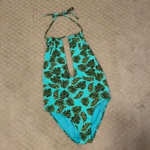 Turquoise palm leaf one-piece bathing suit